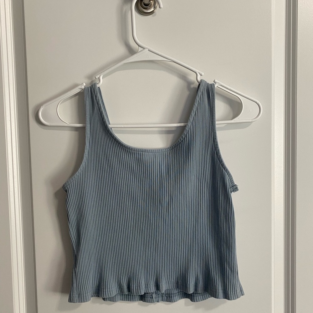 Blue Button-Up Ribbed Women's Top - Picture 2 of 3